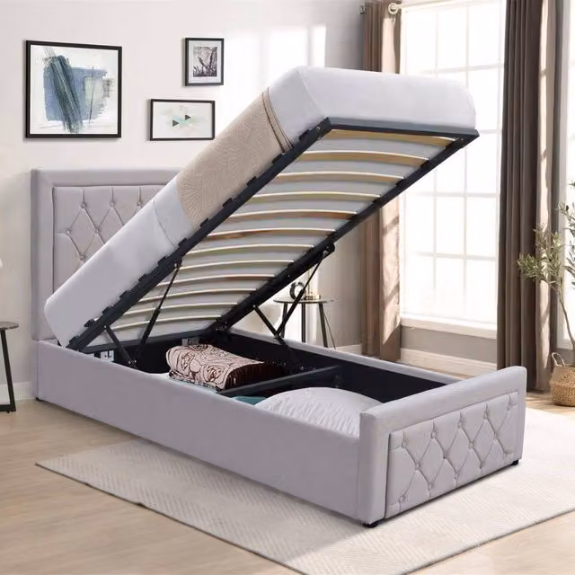 KOSY KOALA Grey Velvet 4ft Small Double Ottoman Bed with Memory Foam Mattress W/D/H: 120 x 109 x 128 cm