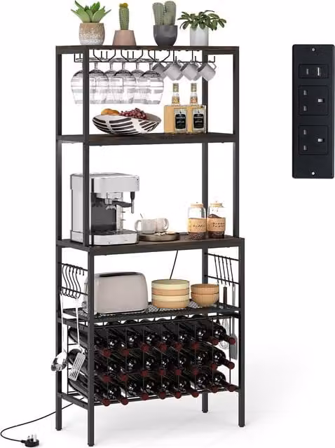 COSTWAY Industrial Multi-Tier Metal Wine Rack with Power Outlet in Brown