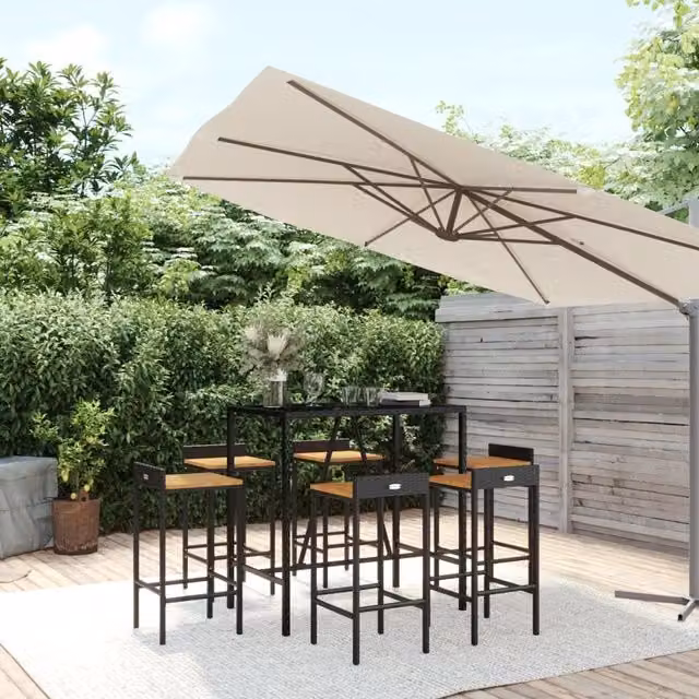 Berkfield Home 7 Piece Garden Bar Set in Black Poly Rattan and Solid Acacia Wood – 1