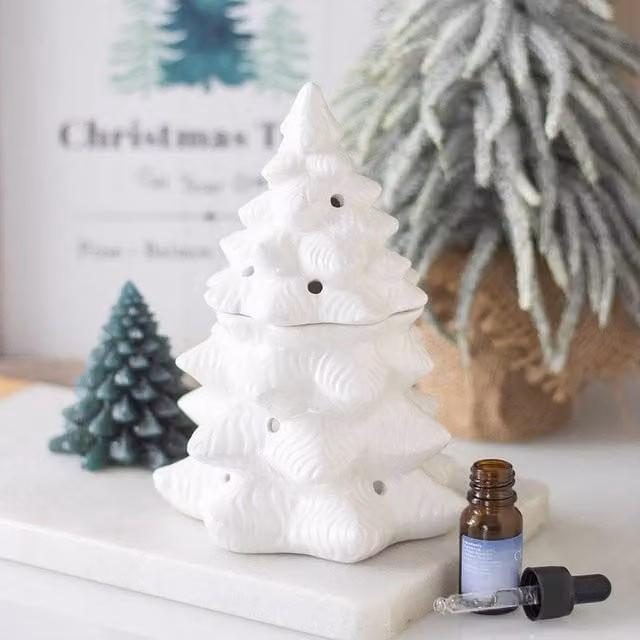 Uniqueful White Ceramic Fir Tree Oil Burner and Wax Warmer for Tealights