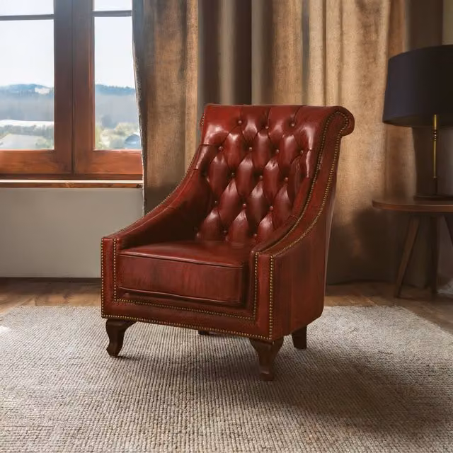 Orsina Red Leather Lounge Chair with Solid Wood Frame – 1