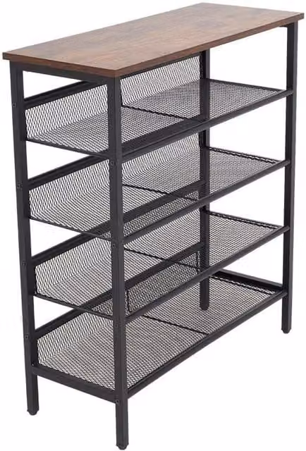 VOGREX 5 Tier Industrial Metal and Wood Shoe Rack with Adjustable Shelves in Black and Multicolour – 1