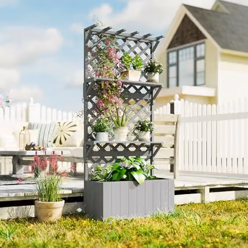 Outsunny Grey Wooden Raised Planter with Trellis and 2 Shelves – 7