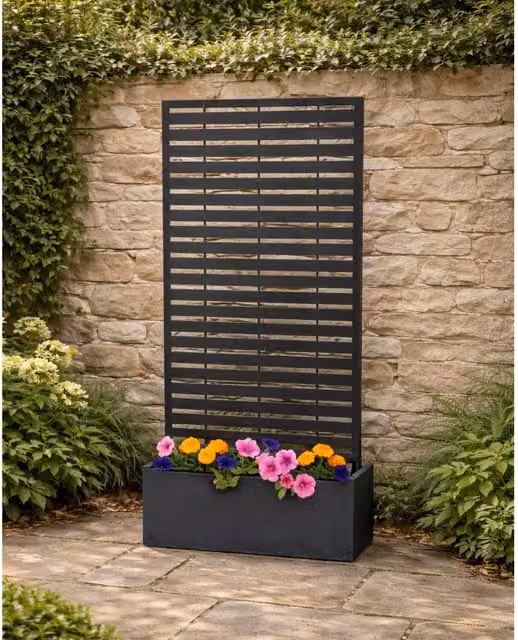 Ornate Collection Matt Black Metal Slatted Planter with Trellis