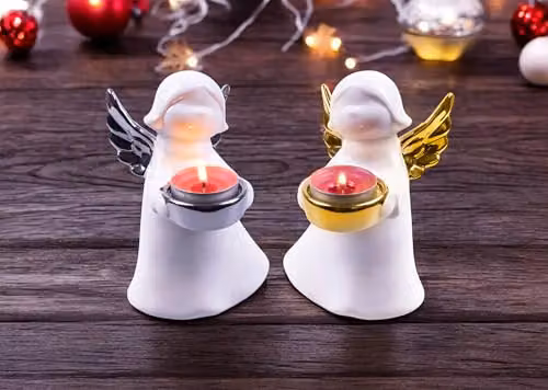 Netagon Festive Ceramic Winged Angel Tealight Holder in Silver and White – 3