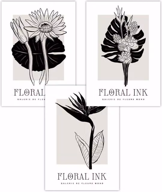 ARTZE Set of 3 Floral Sketch Ink Tropical Leaves Botanical Paper Posters in Black, Beige and White, W: 50 cm, H: 70 cm
