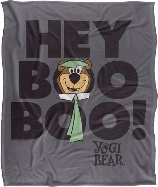 Warner Bros. Yogi Bear Hey Boo Boo Super Soft Fluffy Polyester Throw Blanket in Grey and Multicolour, Large