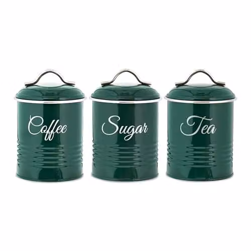 Innoteck Tea, Coffee and Sugar Canister Set of 3, Green Metal Food Storage Tins with Airtight Lids, 1.3 l Capacity