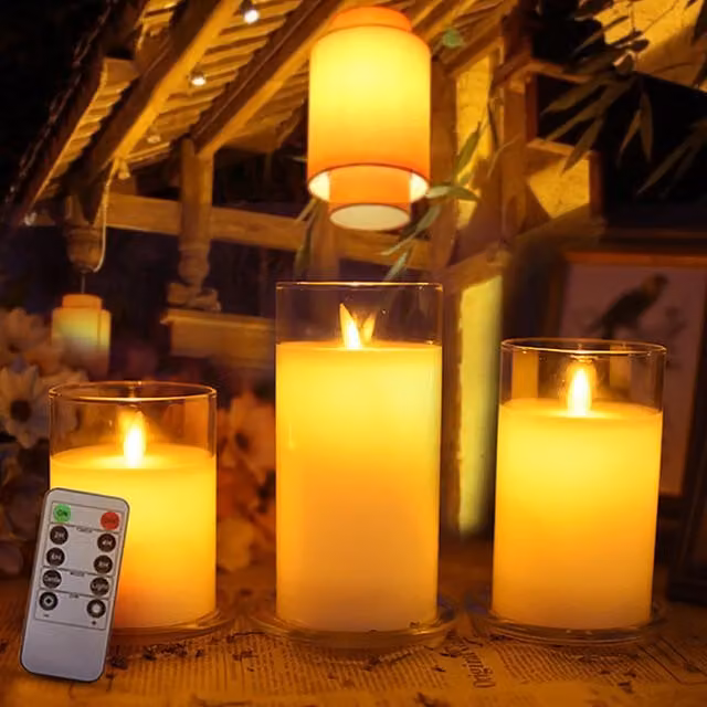 Livingandhome Set of 3 Round Glass LED Pillar Candles with Remote Control, Flicker Effect and Timer, White and Grey