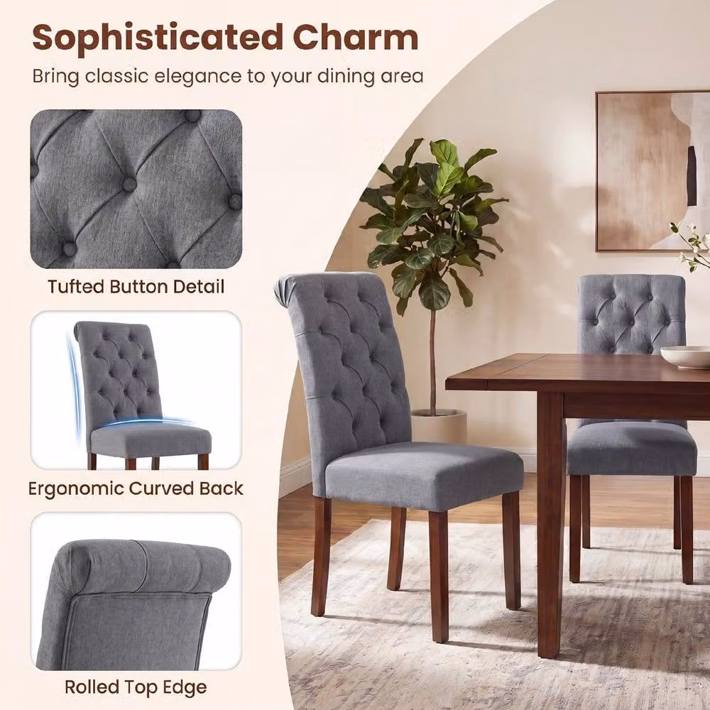 Costway Set of 2 Grey Upholstered Button Tufted Dining Chairs with Padded Fabric Seats – 6