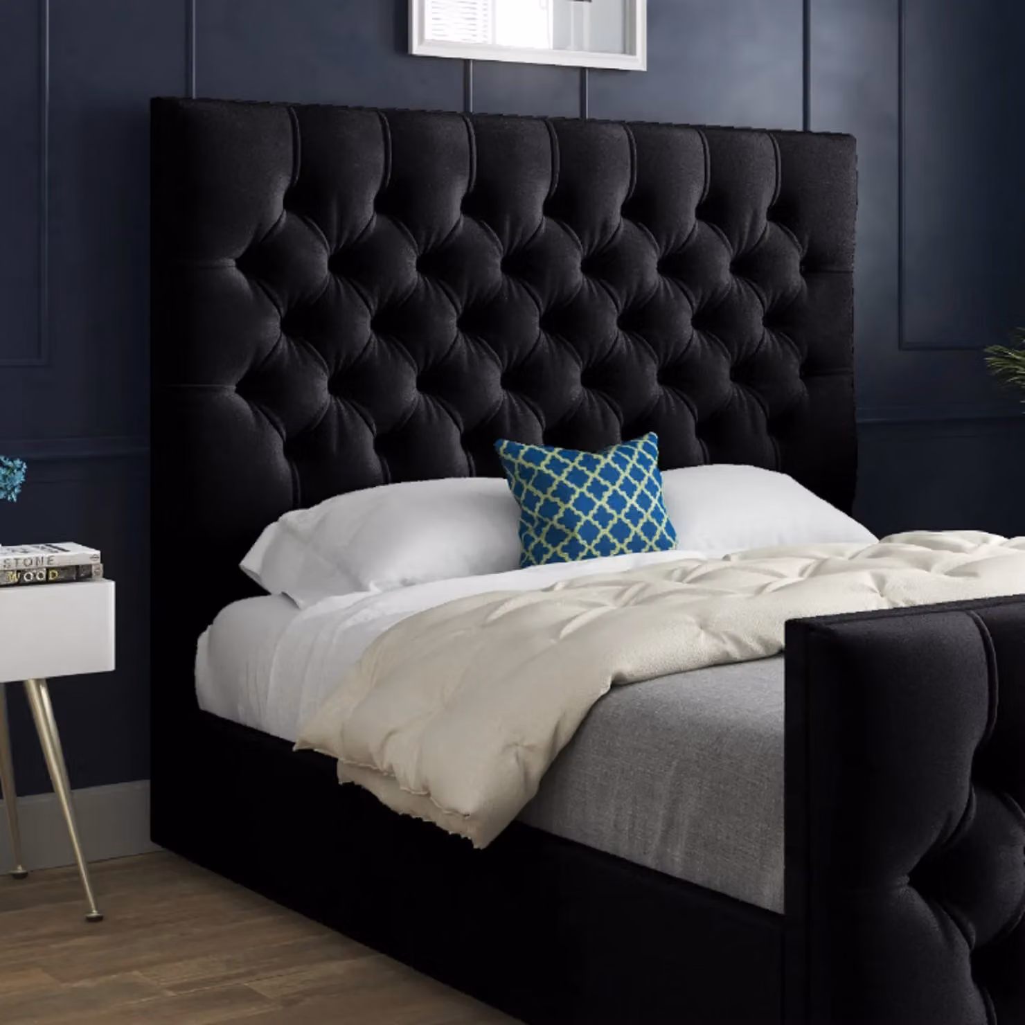 Casani Novara Upholstered Velvet Bed Frame in Black, W/D/H: 200 x 189 x 137 cm – 2