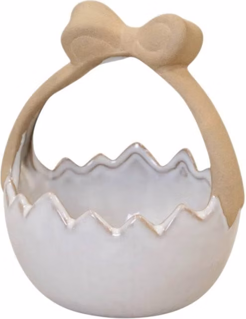 Four Candle White Ceramic Easter Egg Basket with Bow Handle 15cm
