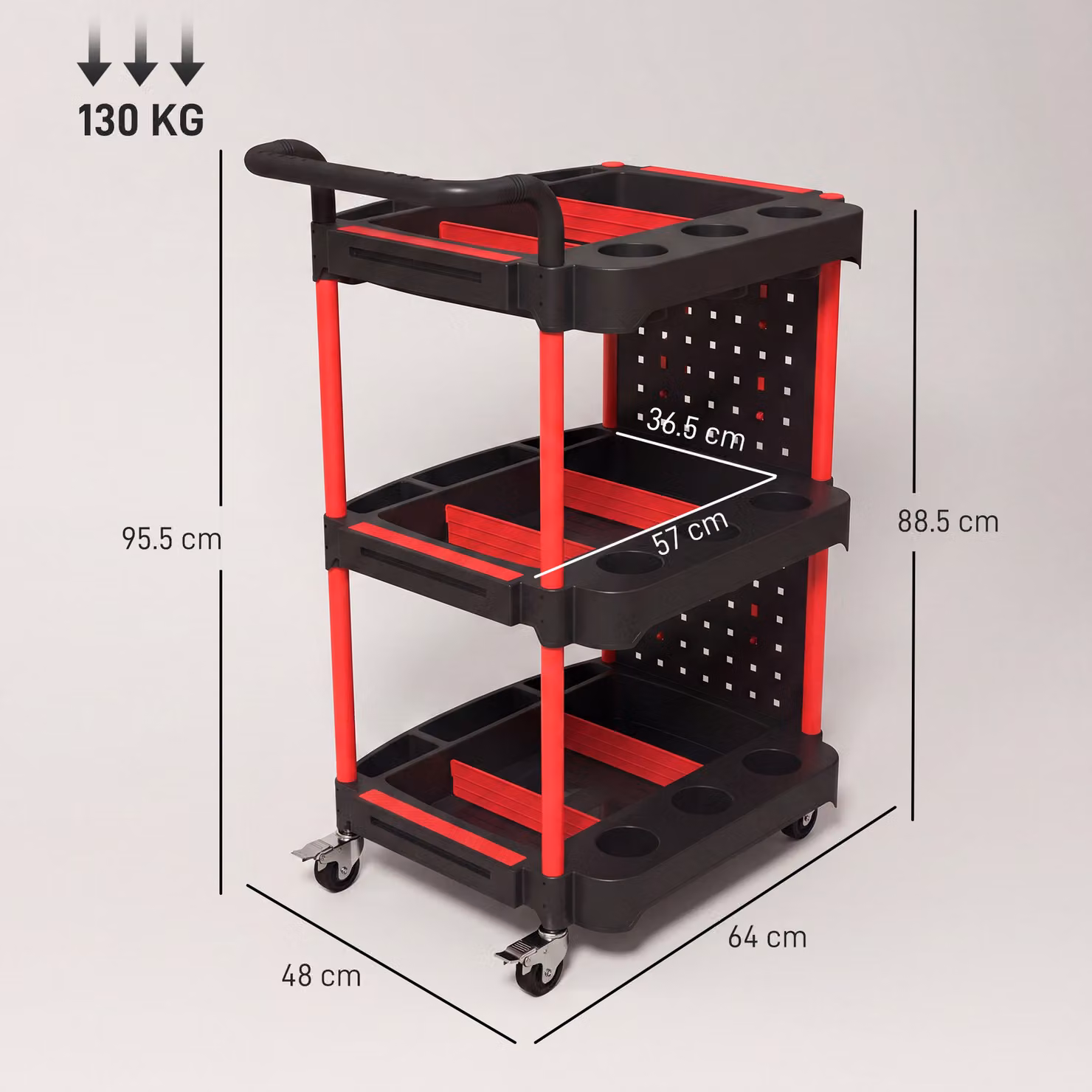 HOMCOM 3-Tier Rolling Tool Cart with Pegboard and Hooks, Black and Red Storage Trolley with Brakes – 3