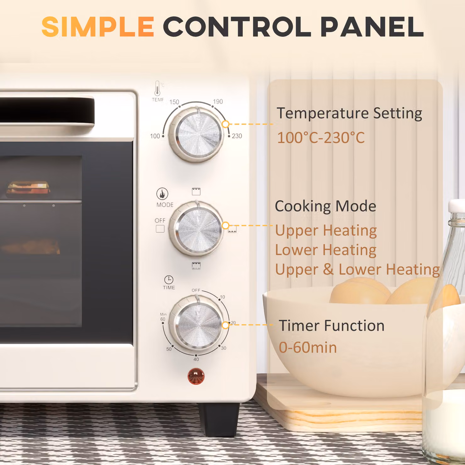HOMCOM 21L Mini Countertop Electric Oven and Grill in Beige, 1400W with Timer and Adjustable Temperature – 5