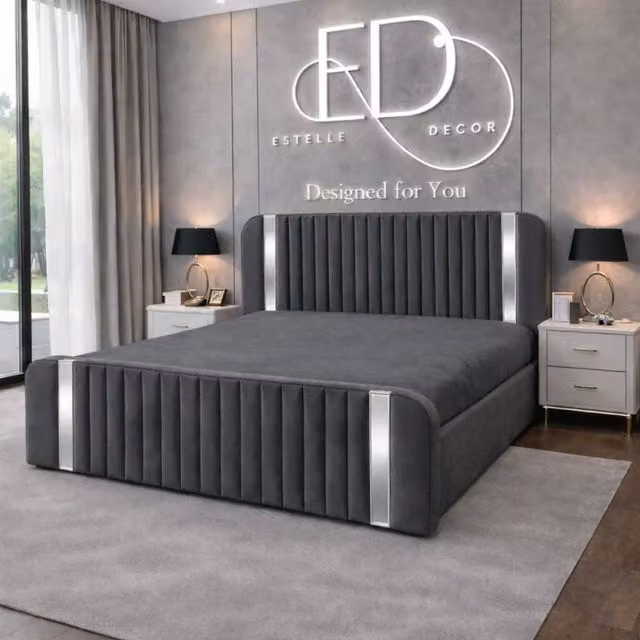 Stratus Interiors Aura Rounded Panel Ottoman Bed Frame in Dark Grey Velvet with Silver Accents, W/D/H: 135 x 190 cm