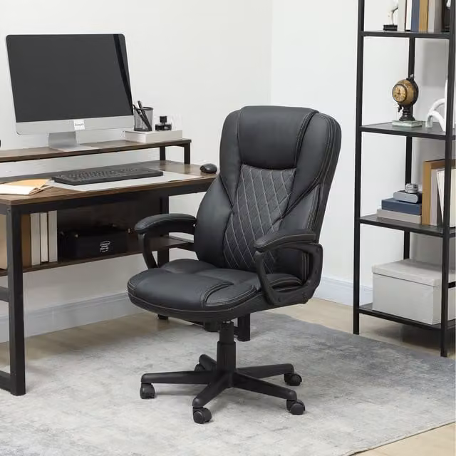 HOMCOM Black Synthetic Leather High Back Executive Office Chair with Armrests
