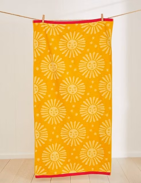 M&S Fluffy Pure Cotton Graphic Sun Beach Towel in Yellow Mix