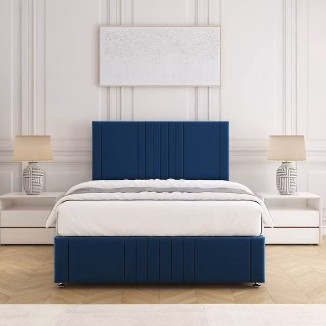 BSSPOKE Hazel Divan Bed Set with 24 inch Headboard and Mattress in Blue Plush Velvet, W/D/H: 140 x 200 cm