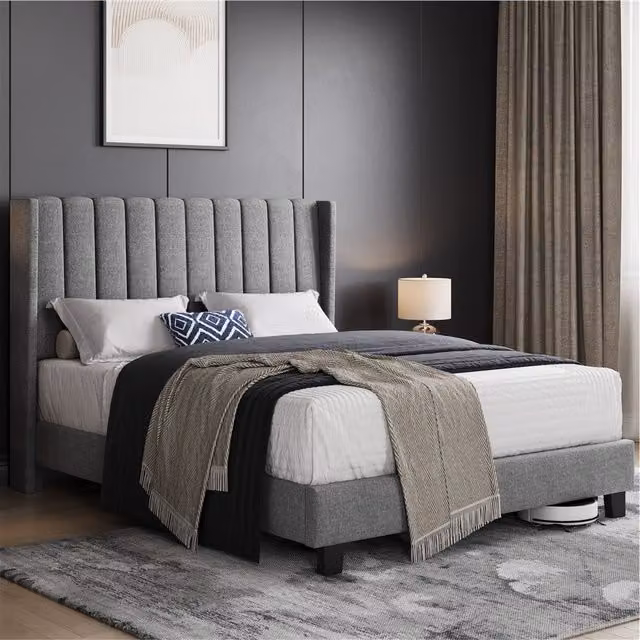Yaheetech Modern Upholstered Bed Frame with Channel Tufted Headboard in Grey, 180 x 200 cm