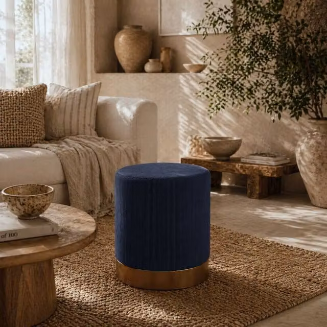 Wyld Haus Tamo Bala Dark Blue Corduroy Padded Cylindrical Footstool with Gold Accents, W/D/H: 40 x 40 x 45 cm