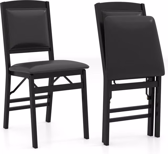 Costway Set of 2 Black Synthetic Leather and Rubberwood Folding Side Chairs