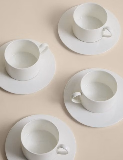 M&S Clarendon Set of 4 White Bone China Cups and Saucers