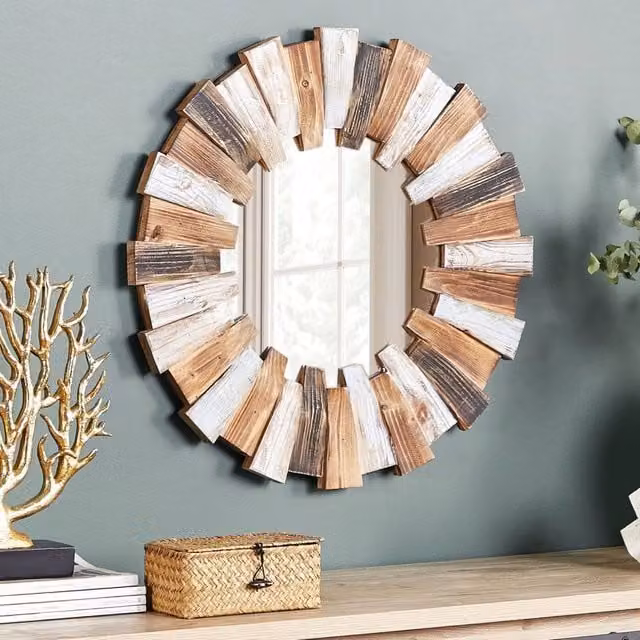 Wyld and Coco Home Round Wall Mirror in Brown with Rustic Wood and Glass, Diameter: 66 cm – 1