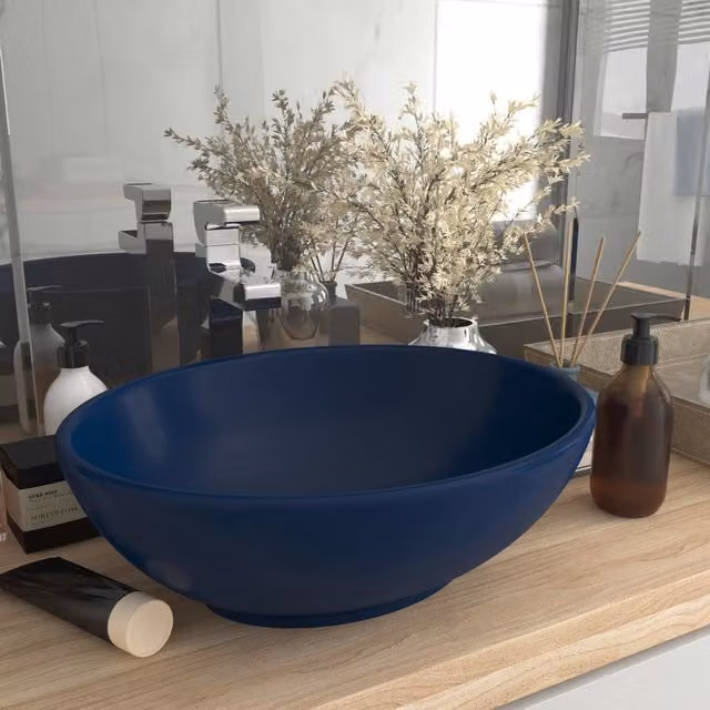 Berkfield Home Oval Ceramic Countertop Basin in Matt Dark Blue W: 40 cm, D: 33 cm – 1