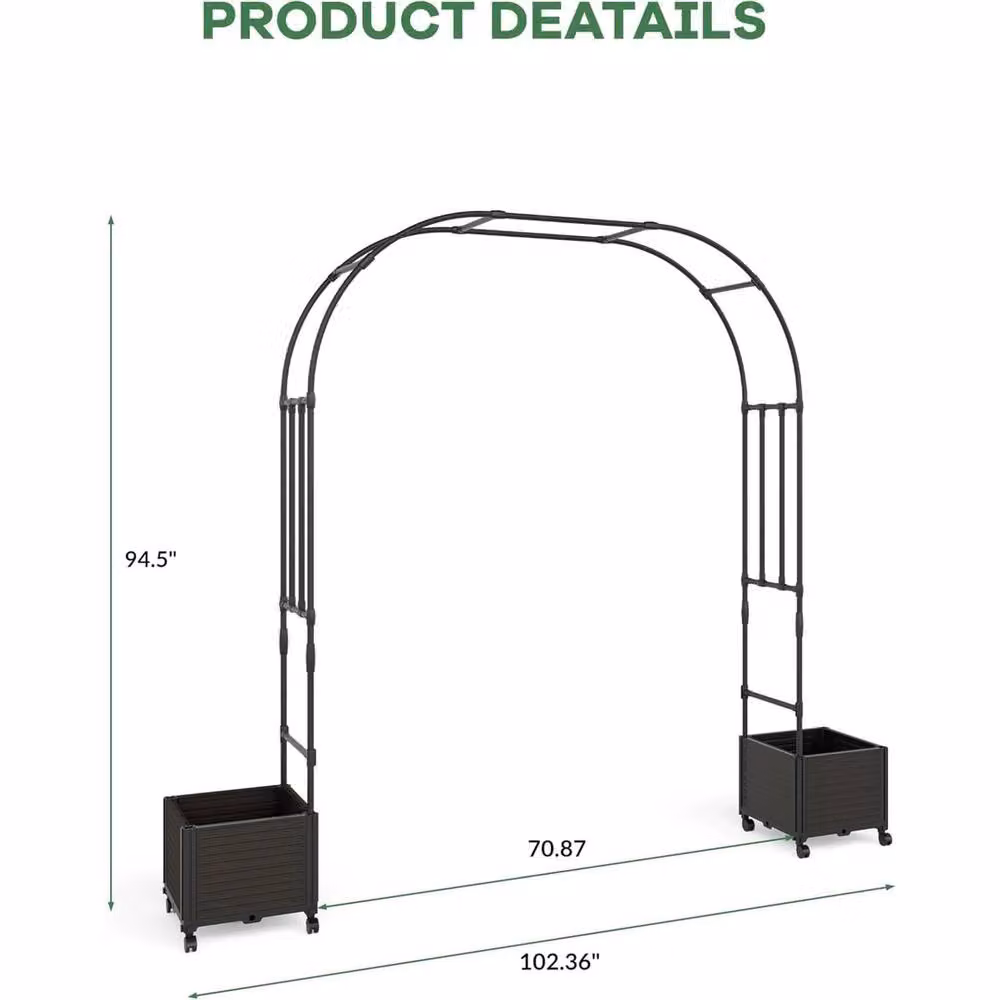 VOGREX Black Metal Garden Arch with Trellis Planter Box and Wheels, Height: 100 cm – 2