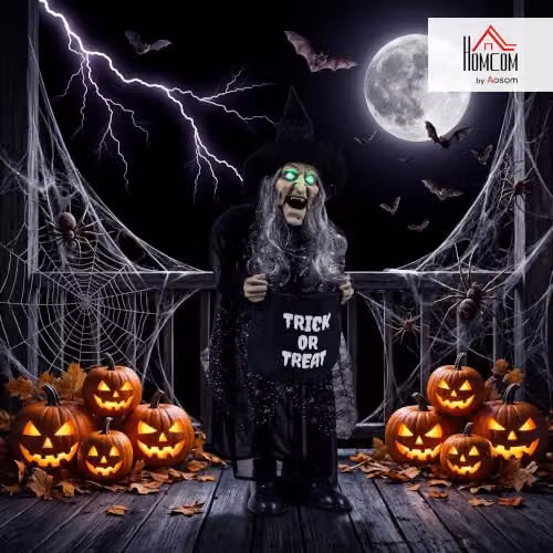 HOMCOM Animated Witch Halloween Decoration with Light Up Eyes in Black, Silver and Green, Height: 94 cm – 2