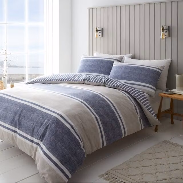 Catherine Lansfield Reversible Blue Striped Cotton and Polyester Duvet Cover Bedding Set