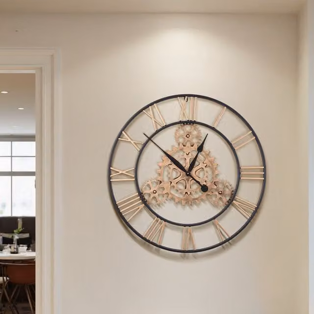 Livingandhome Retro Gold Gear Wall Clock, 76.2 cm Diameter, Silent Analog Metal Design