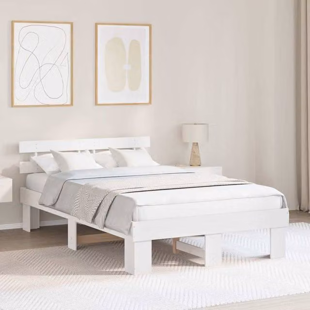 Berkfield Home White Solid Pine Wood Bed Frame with Headboard W/D/H: 140 x 190 cm