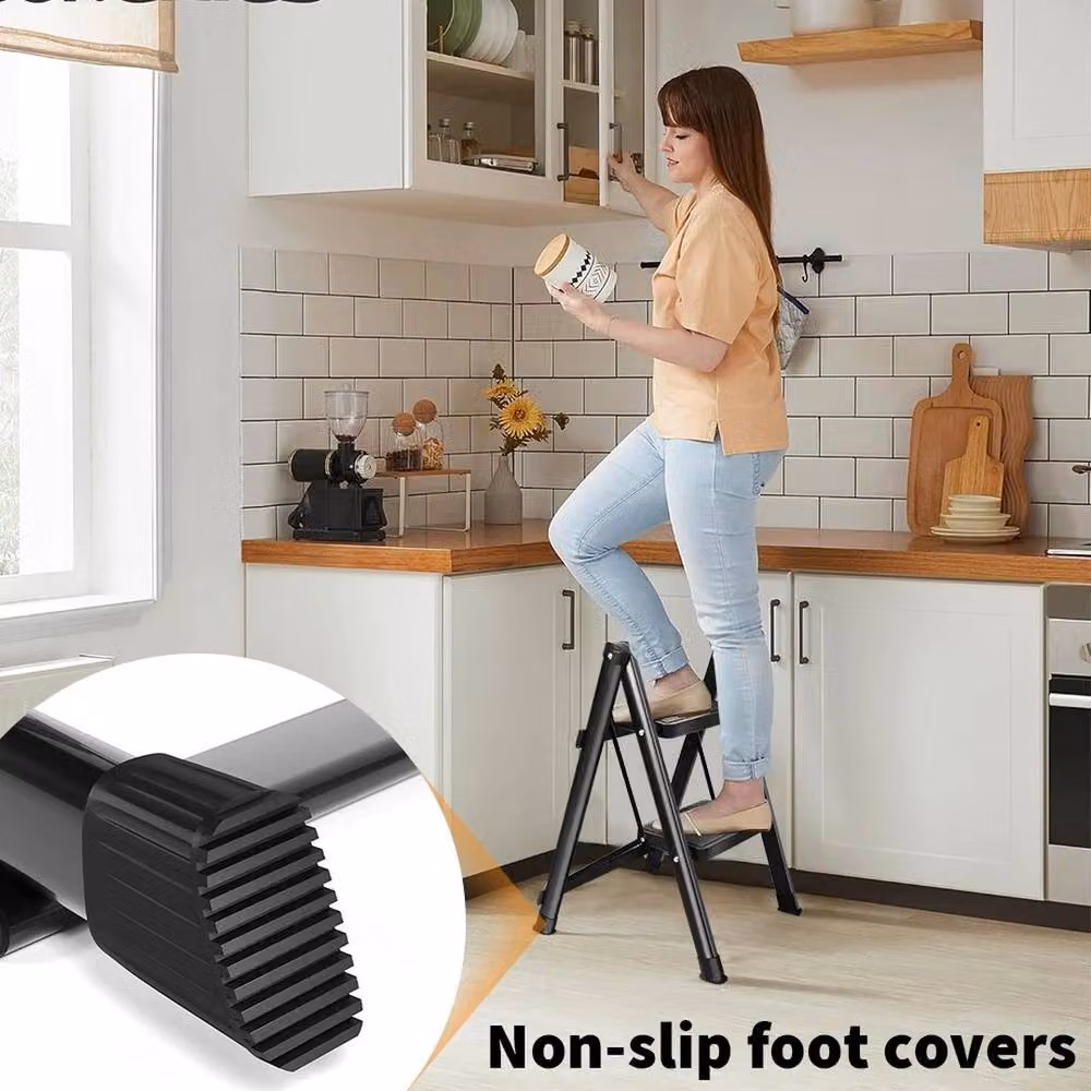 FLAVORA Black 2 Step Steel Foldable Ladder Stool with Rubber Feet, W: 40 cm, H: 100 cm, D: 40 cm – 4