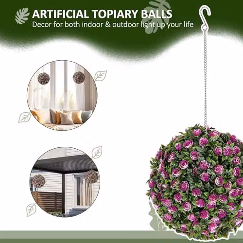 HOMCOM Set of 2 Purple Artificial Rose Topiary Balls, 28 cm Diameter – 3