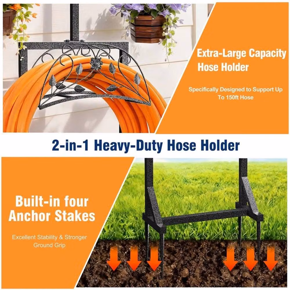 Kelvenix Rustproof Freestanding Garden Water Hose Holder Stand, Black – 5