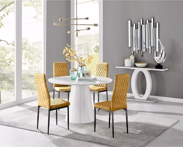 FurnitureboxUK Palma White High Gloss Round Dining Table and 4 Mustard Velvet Milan Black Leg Chairs