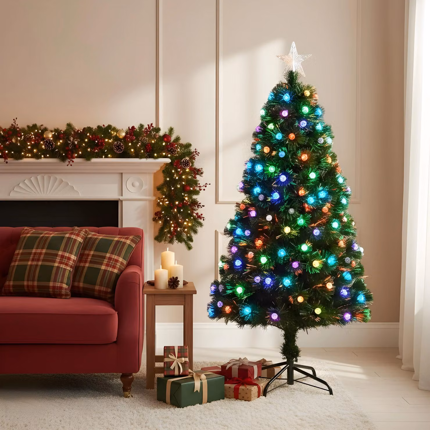 Shatchi Diamonds Fibre Optic LED Pre-Lit Christmas Tree in Green with Multicolour Lights, Height: 90 cm – 5