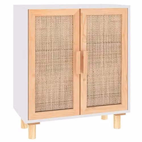 vidaXL Scandinavian Sideboard in White Solid Wood Pine and Natural Rattan, W/D/H: 60 x 30 x 70 cm