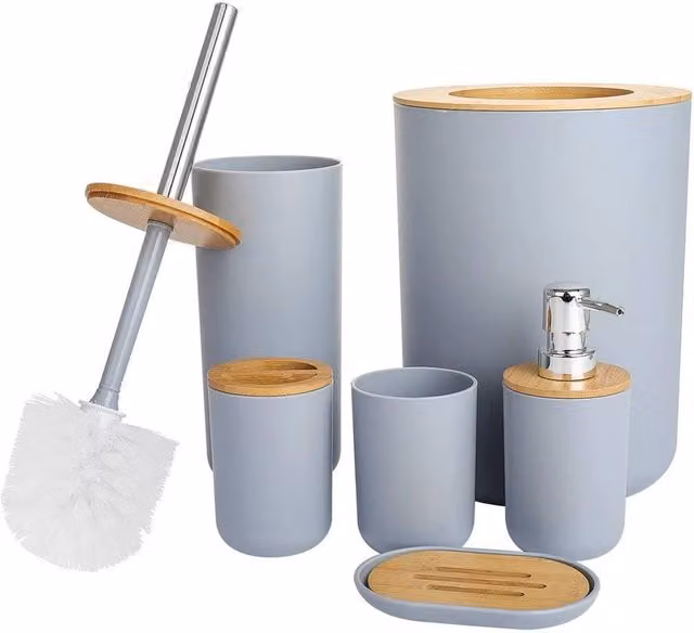 Kelvenix 6-Piece Grey Bathroom Set with Toothbrush Holder, Soap Dish and Toilet Brush