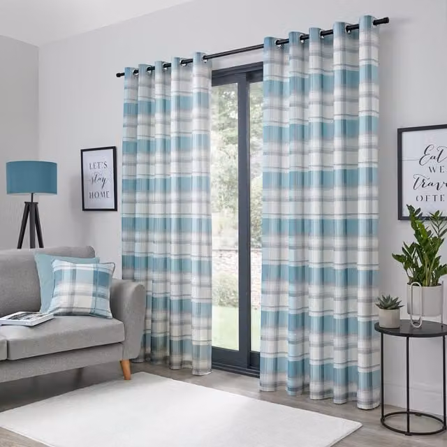 Fusion Balmoral Check Ready Made Eyelet Curtains in Duck Egg Blue