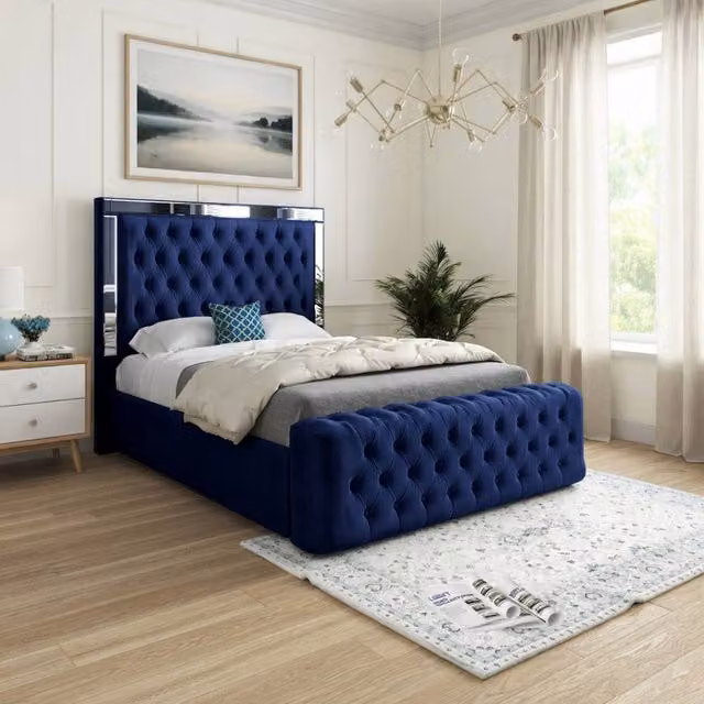 KDMD Reigate Blue Velvet Upholstered Designer Bed Frame with Mirror Details, Super King, W/D/H: 200 x 137 x 200 cm