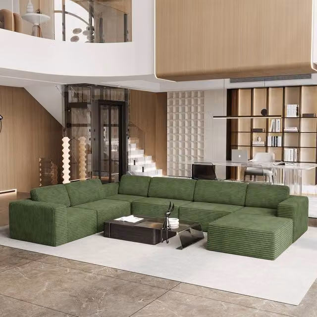 Dprodo 6-Seater Corduroy Modular L-Shape Corner Sofa in Green with Matching Ottoman
