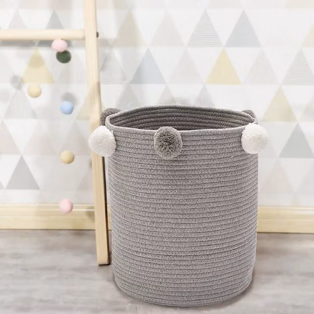Livingandhome Grey Cotton Rope Woven Laundry Basket Organizer with Pompoms