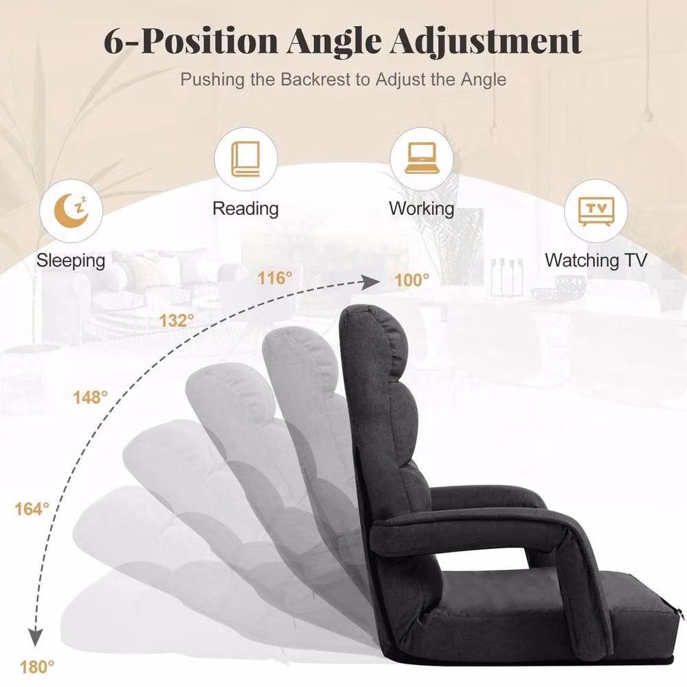 KORVIXA Adjustable Folding Lazy Sofa Floor Chair with Pillow in Dark Grey, W/D/H: 100 x 100 x 100 cm – 4