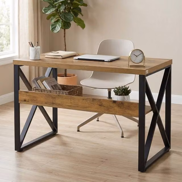 STILVORA Writing Desk with Storage Shelf in Brown Wood Effect and Metal X-Frame – 1