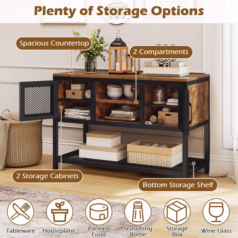 Gymax Industrial Entryway Storage Table and Sideboard with 2 Metal Mesh Doors in Brown – 5