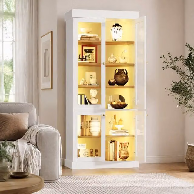 STILVORA Tall Cabinet with LED Lighting and Shelves in White