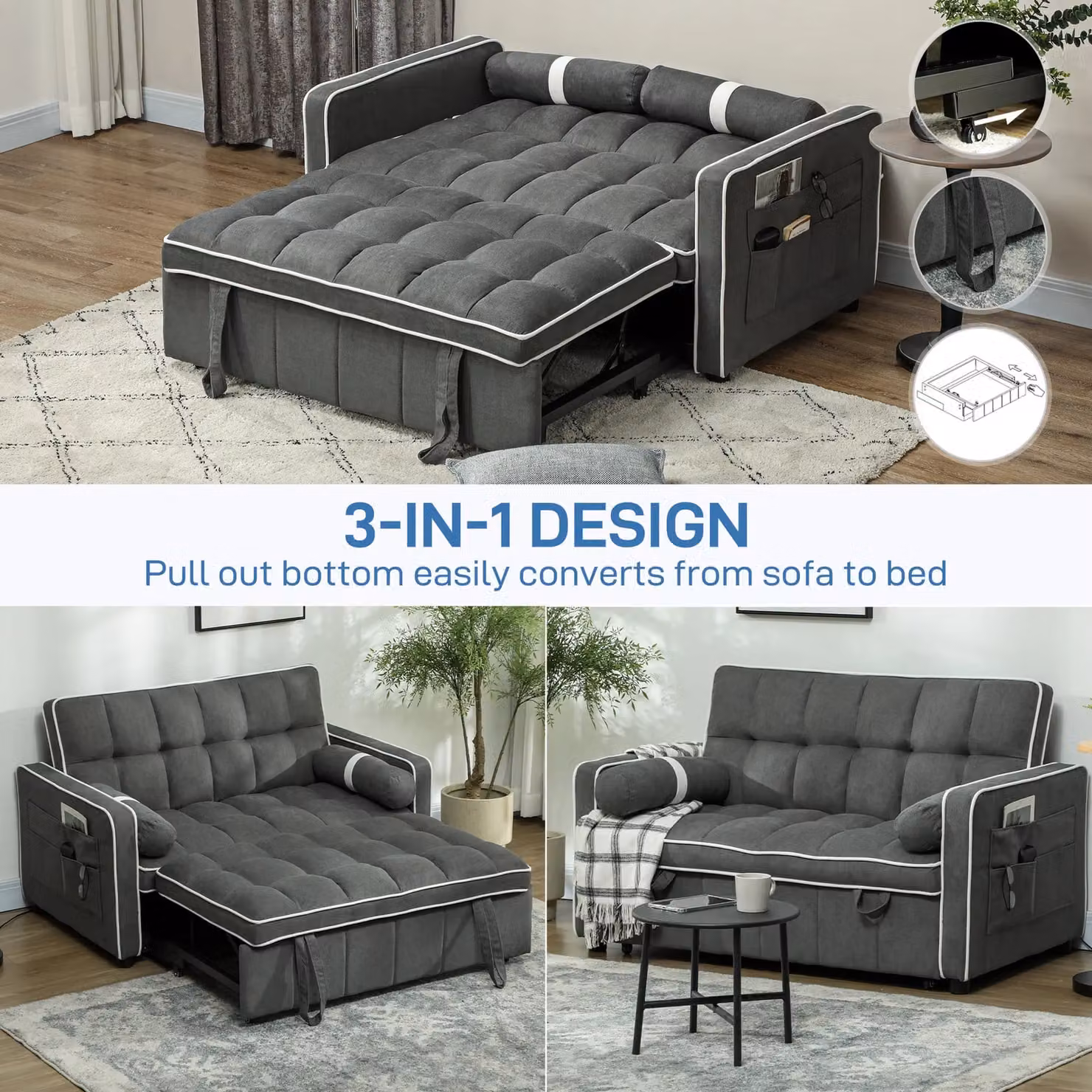HOMCOM 2 Seater Pull Out Sofa Bed with Adjustable Backrest in Dark Grey – 4