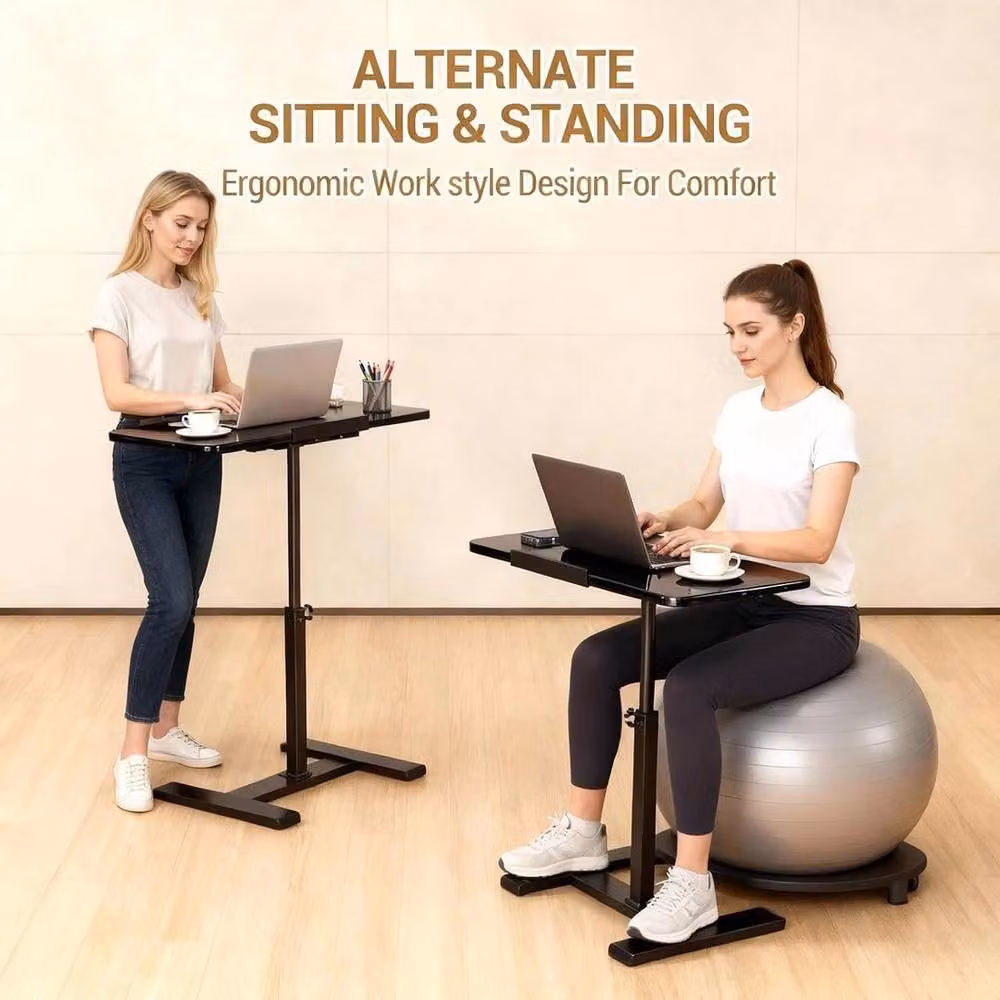 KORVIXA Height Adjustable Rolling Laptop Desk and Overbed Table in Black, W/D/H: 100 x 100 x 100 cm – 3